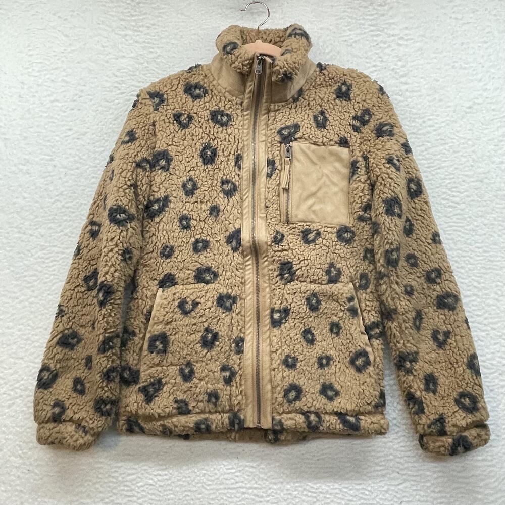 Abercrombie and Fitch Jacket Womens XXS Beige Faux Fur Leopard Sherpa Full Zip